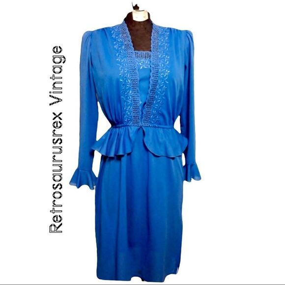 𝅺VINTAGE Rockabilly Periwinkle Blue Dress & Peplum Jacket S - Picture 1 of 4